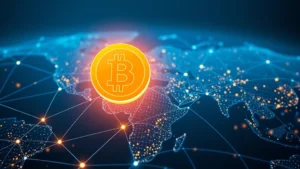 Photorealistic image of glowing Bitcoin symbol floating above interconnected global financial network with flowing digital data streams, representing worldwide economic integration and cryptocurrency adoption across continents