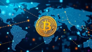 Photorealistic digital representation of Bitcoin token against abstract global financial network visualization with interconnected nodes and flowing data streams symbolizing worldwide economic impact and blockchain technology