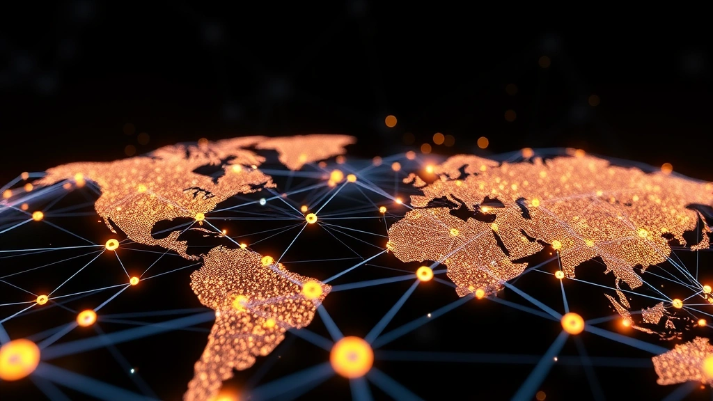 Cryptocurrency blockchain network visualization with interconnected nodes and digital data flow, representing Bitcoin's global financial network infrastructure, photorealistic 3D rendering