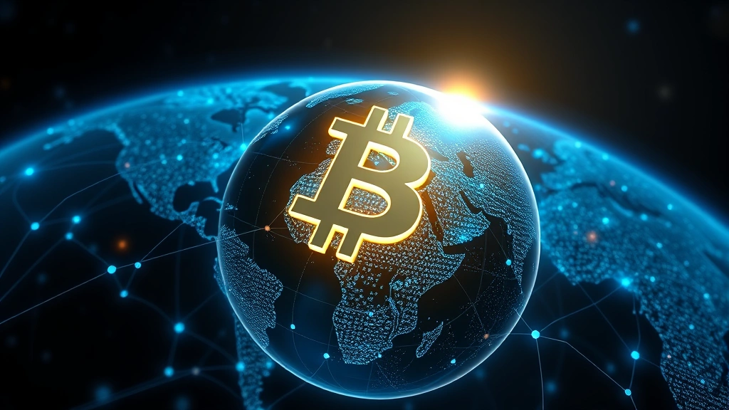 Photorealistic image of a glowing Bitcoin symbol hovering above a globe showing interconnected financial networks with flowing data streams, representing global economic integration and digital currency impact on worldwide markets