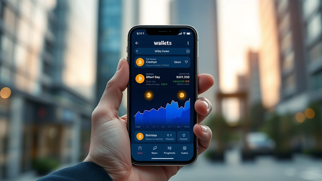 Photorealistic image of a person holding a smartphone displaying a Bitcoin wallet with glowing cryptocurrency symbols, modern urban environment in soft focus background