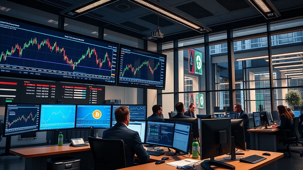 Photorealistic image of modern institutional investment office with traders monitoring multiple screens displaying Bitcoin price charts and financial data, reflecting professional cryptocurrency market participation and mainstream finance integration