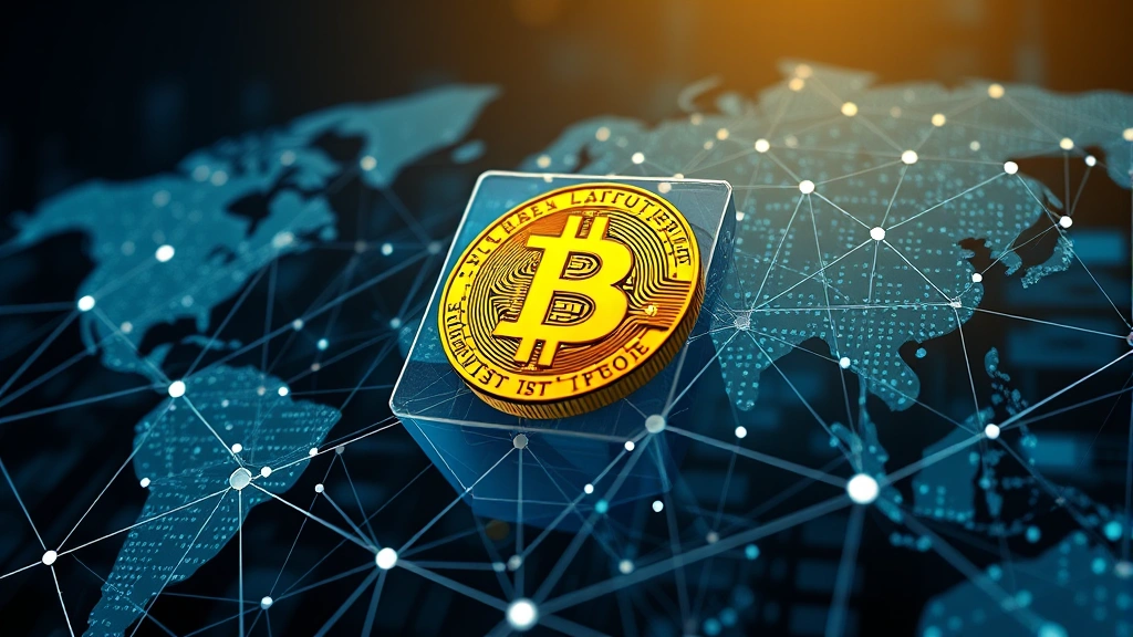 Photorealistic visualization of blockchain technology with golden Bitcoin coins integrated into transparent distributed ledger structure, showcasing decentralized financial infrastructure and global payment networks