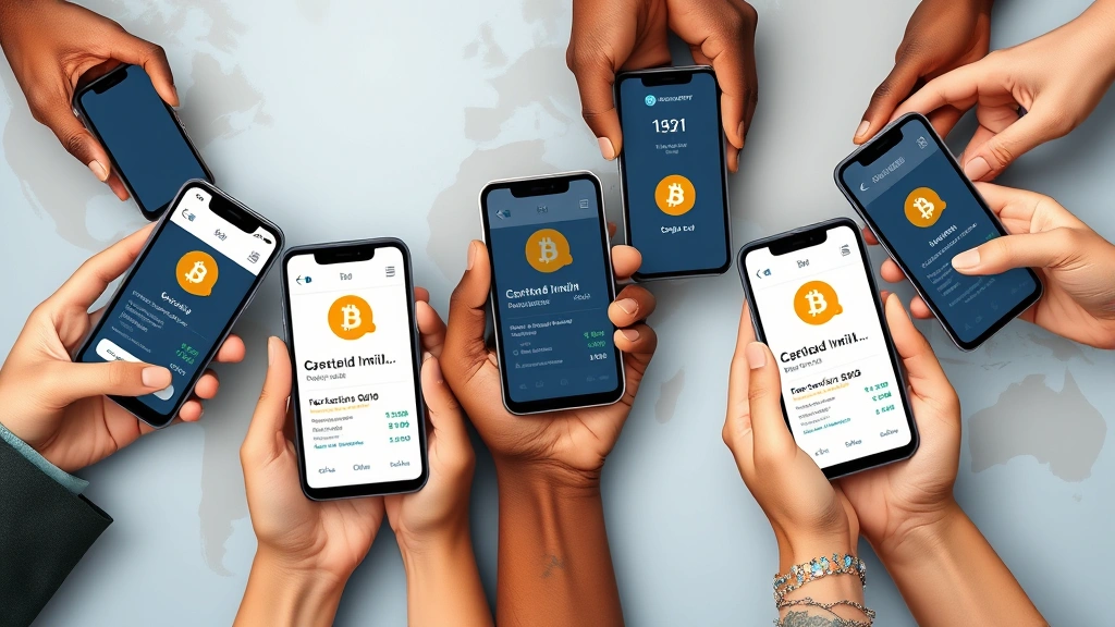 Diverse international hands holding smartphones displaying cryptocurrency wallets and transaction confirmations, symbolizing financial inclusion and global Bitcoin adoption across continents