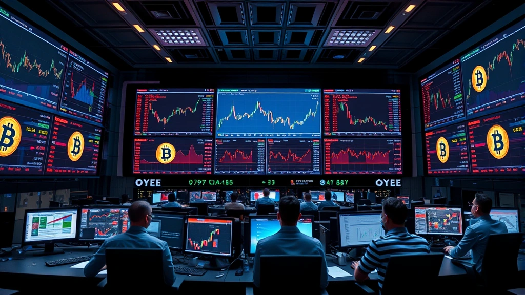 Photorealistic scene of a modern institutional trading floor with multiple screens displaying cryptocurrency market data, traders analyzing charts, representing institutional Bitcoin adoption and mainstream financial integration