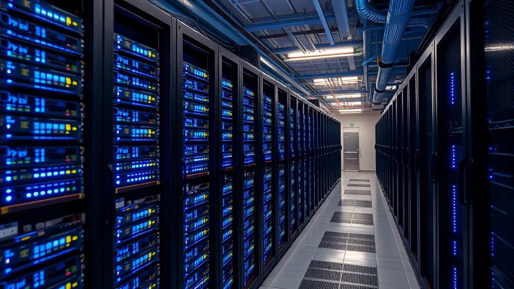 High-resolution photograph of Bitcoin mining data center with rows of specialized ASIC hardware, blue LED lights illuminating circuit boards, industrial setting with cooling systems visible