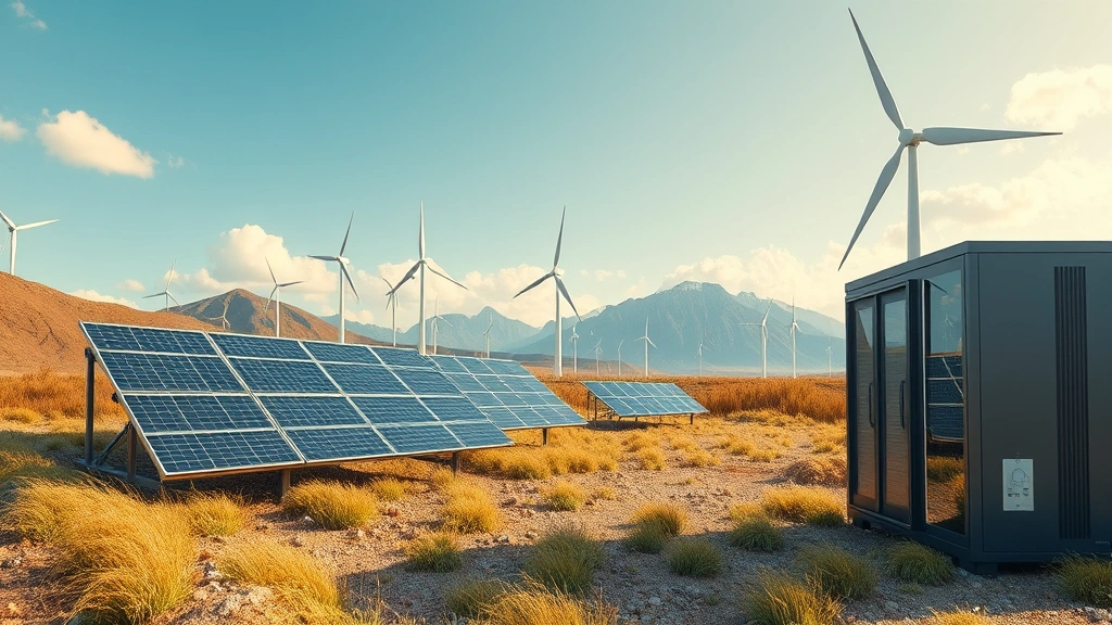 Photorealistic image of sustainable Bitcoin mining operation powered by renewable energy sources, showing solar panels and wind turbines alongside high-tech computing infrastructure in natural landscape setting