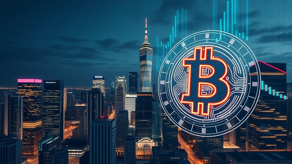 Photorealistic image of modern financial center skyline at night with holographic Bitcoin and digital currency symbols overlaid, representing institutional adoption and integration of cryptocurrency into traditional finance