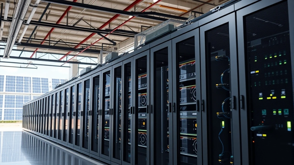 Modern server farm with computer equipment and network infrastructure powering Bitcoin mining operations, showcasing renewable energy integration with solar panels visible in background