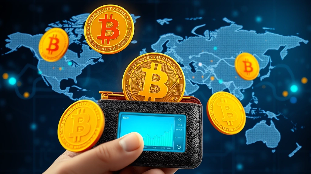 Photorealistic depiction of a digital wallet interface with Bitcoin symbols and world map in background, showing financial transaction flows across continents, representing global Bitcoin adoption and cross-border economic utility