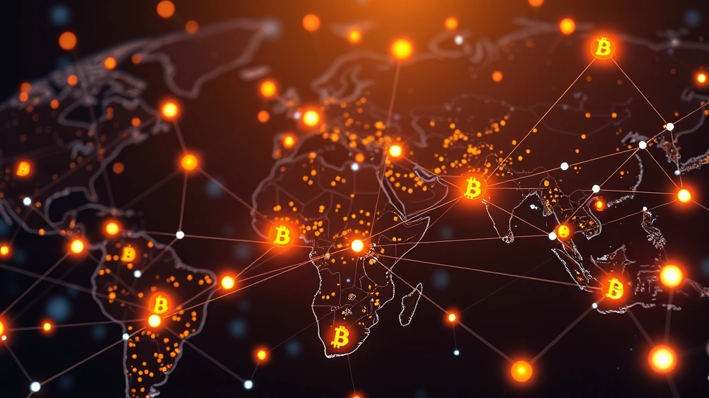 Photorealistic scene showing digital financial networks connecting different countries with glowing nodes and lines representing global Bitcoin transactions and economic flow