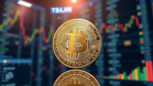 Photorealistic image of a Bitcoin coin reflecting light against a blurred cryptocurrency exchange trading floor background, showing modern financial technology infrastructure, no text or ticker symbols visible