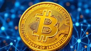 Photorealistic image of digital Bitcoin coin with blockchain network visualization in background, glowing blue and gold cryptocurrency symbols, no text or numbers visible, professional financial imagery