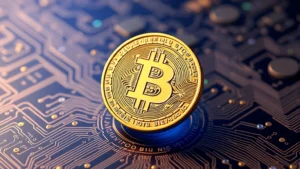 Digital Bitcoin coin floating above circuit board patterns with blue and gold lighting, photorealistic 3D rendering, no text or numbers visible