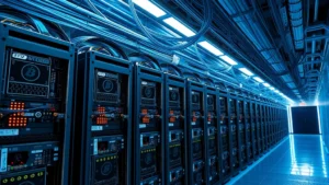 High-tech Bitcoin mining facility with rows of ASIC hardware generating computational power under blue industrial lighting, cables organized overhead