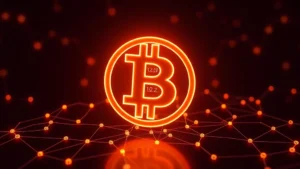 Photorealistic image of glowing Bitcoin cryptocurrency symbol on dark background with blockchain network nodes and digital connections, representing price movement analysis and market data