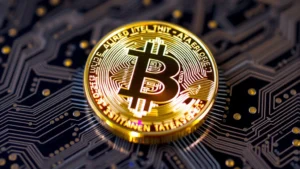 Close-up of Bitcoin cryptocurrency coin with holographic glow effect floating above circuit board patterns representing blockchain technology and digital finance