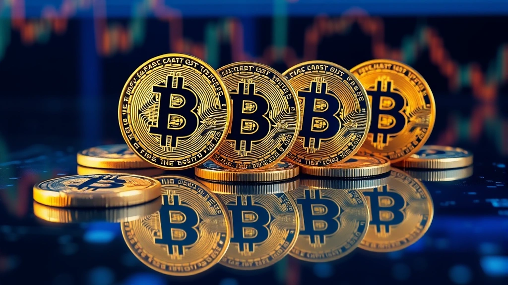 Photorealistic image of Bitcoin coins arranged on a reflective surface with blue and gold lighting, symbolizing cryptocurrency value and market dynamics, professional financial photography style