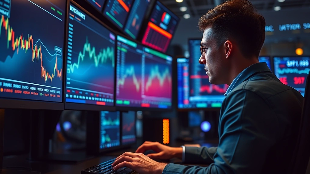 Cryptocurrency trader monitoring multiple screens displaying live market data, dramatic lighting on face reflecting screen glow, hands on keyboard, modern trading floor atmosphere, no visible ticker symbols or readable charts