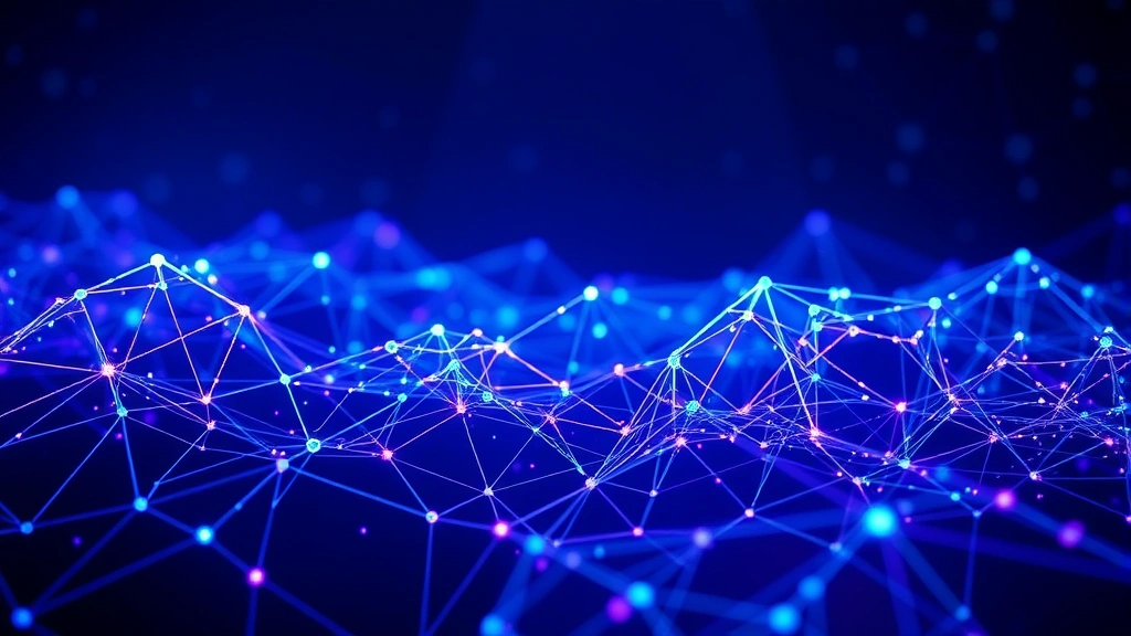 Cryptocurrency blockchain network visualization showing interconnected nodes and data streams in ethereal blue and purple light, abstract digital landscape