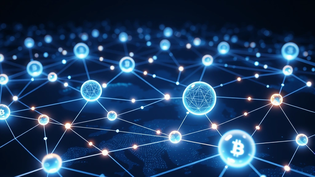 Interconnected blockchain network nodes displayed as glowing spheres connected by luminescent pathways across a dark digital landscape representing distributed ledger technology