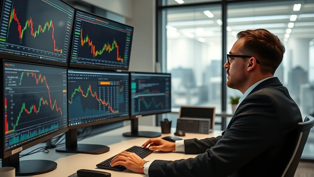 Professional cryptocurrency analyst reviewing Bitcoin charts and market data on multiple displays in modern trading office environment with financial metrics visible