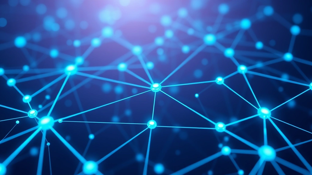 Digital representation of blockchain network nodes connected with glowing lines, showing distributed ledger technology infrastructure, modern tech aesthetic with deep blue and cyan colors
