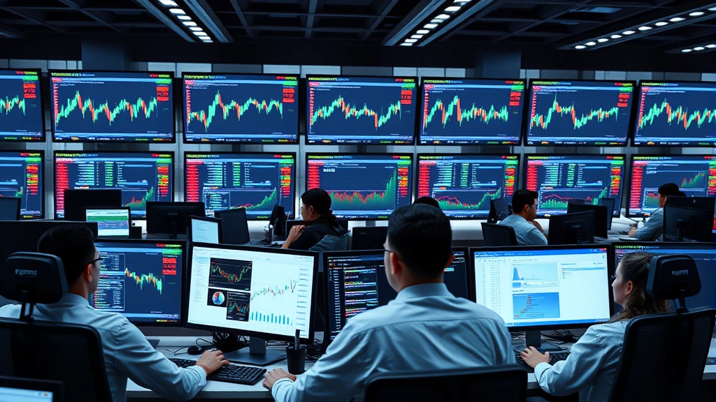 Modern cryptocurrency trading floor with multiple computer monitors displaying market data, professional traders analyzing charts, contemporary office environment with tech aesthetic