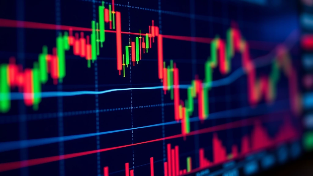 Close-up of cryptocurrency exchange price ticker with candlestick patterns and trading volume, professional financial monitoring setup