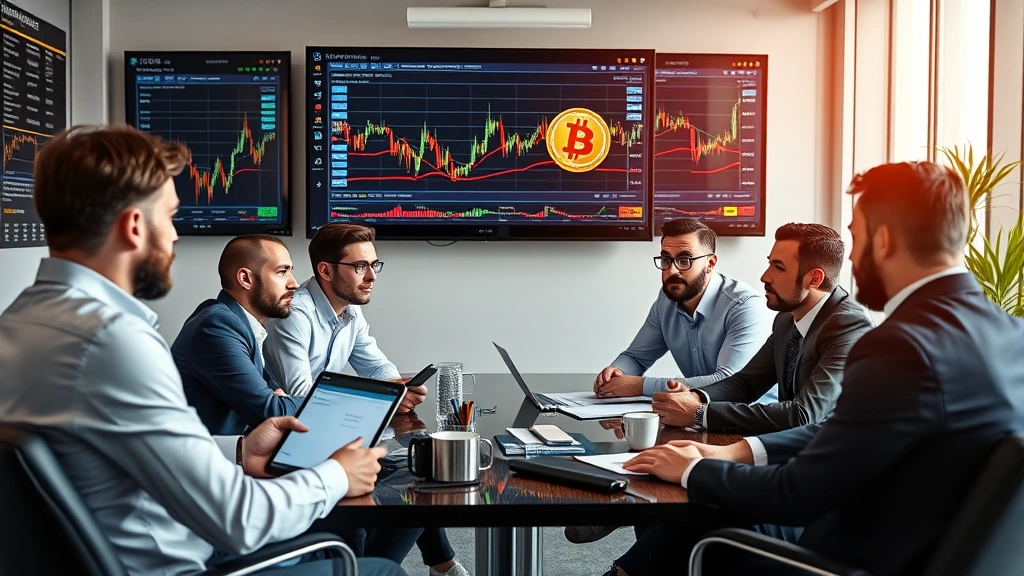 Diverse group of investors discussing Bitcoin investment strategies in contemporary financial advisory office with blockchain visualization displays and market data screens