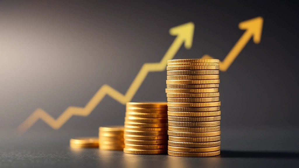 Stacked Bitcoin coins with upward trending arrow visualization in background, representing price growth and market movement, professional investment photography with neutral background
