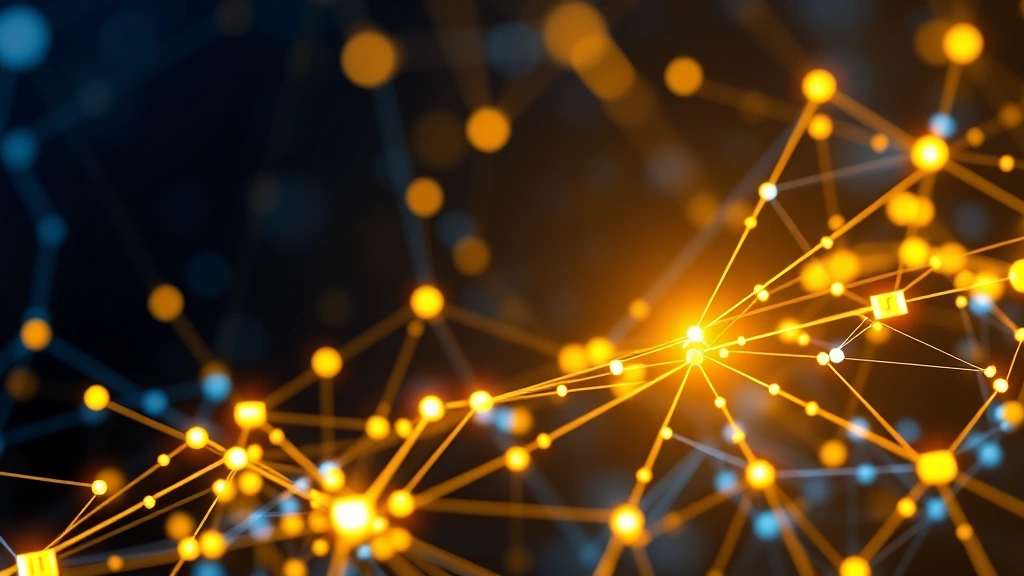 Digital abstract visualization of Bitcoin blockchain network nodes and connections glowing in blue and gold, representing distributed ledger technology and cryptocurrency infrastructure