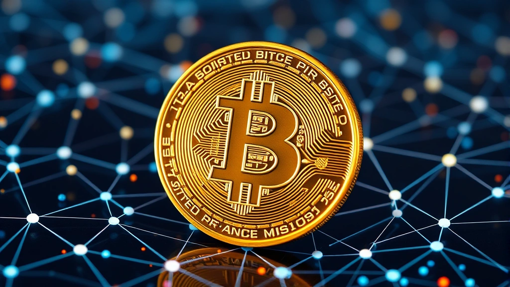 Bitcoin cryptocurrency coin with blockchain network visualization in background, digital circuit patterns flowing around it, representing distributed ledger technology and decentralized finance ecosystem