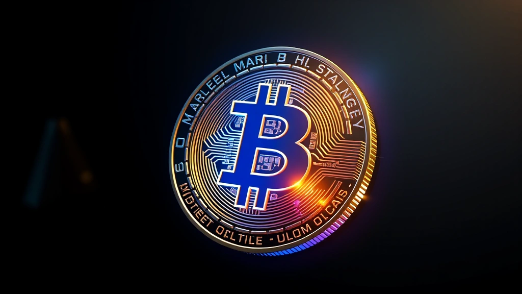 Photorealistic image of a digital Bitcoin coin glowing with blue and gold light against a dark gradient background, representing cryptocurrency value and market dynamics