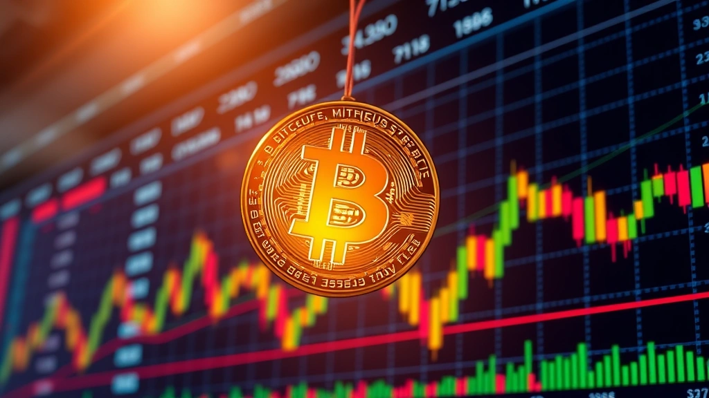 Photorealistic image of a glowing Bitcoin coin suspended above a digital stock exchange trading floor with candlestick charts in the background, representing market volatility and price movements without any text or ticker symbols visible