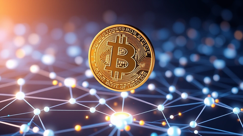 Photorealistic image of a digital Bitcoin coin floating above a glowing blockchain network with nodes and connections, representing cryptocurrency security and decentralization