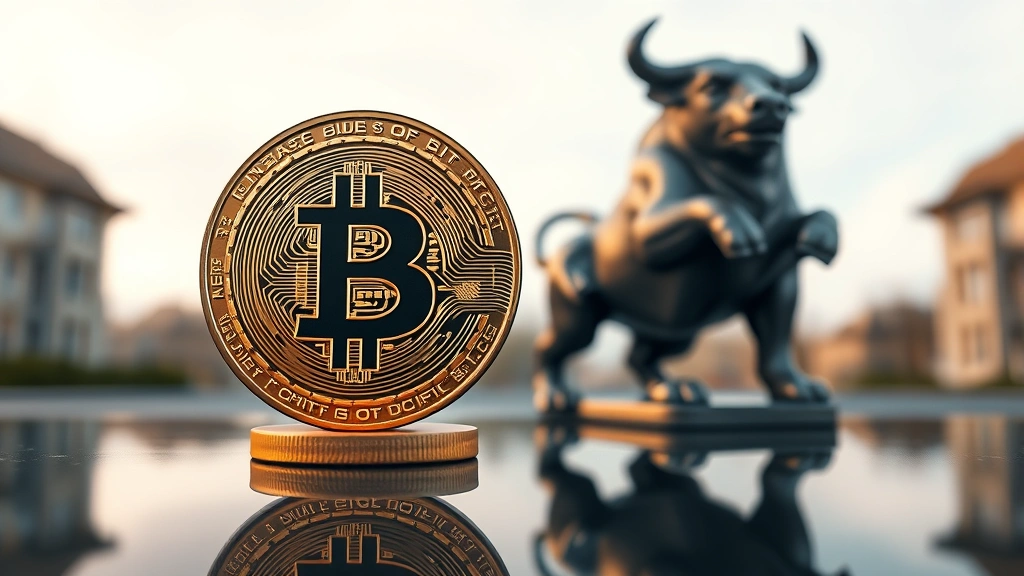 Photorealistic image of a Bitcoin coin standing upright on a reflective surface with a blurred bull and bear statue in the background, representing market volatility and uncertainty in cryptocurrency markets
