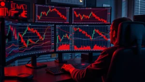 Photorealistic image of a cryptocurrency trader intensely monitoring multiple Bitcoin price charts on high-resolution monitors in a modern trading desk environment, showing candlestick patterns and declining trend lines, with red color scheme dominance, professional lighting