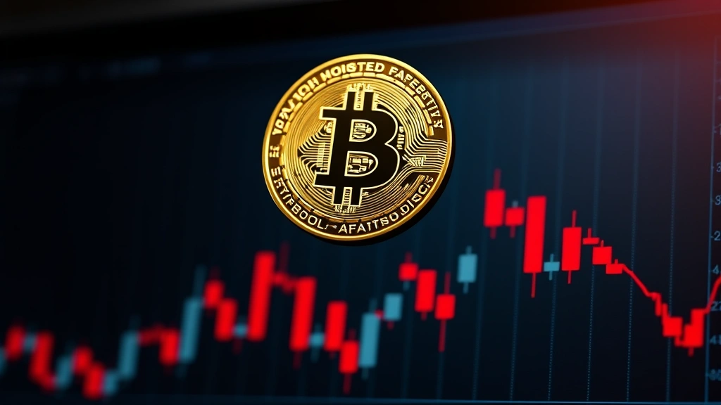 Photorealistic image of a Bitcoin coin suspended above a downward trending financial chart with red candlesticks, dramatic lighting with shadows, professional financial visualization style, no text or numbers visible, macro photography perspective