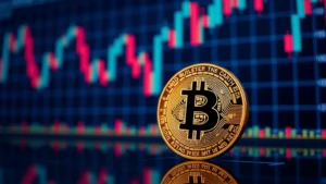 Photorealistic image of a Bitcoin coin positioned against a digital stock market chart background with candlestick patterns, glowing neon blue and red colors, high-tech trading environment, no text or numbers visible