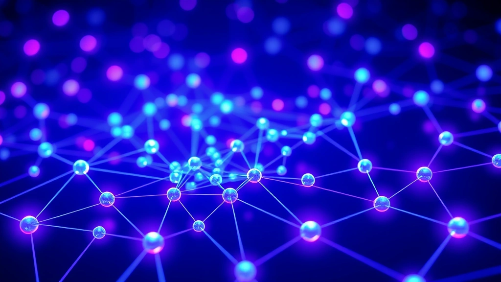 Digital representation of Bitcoin blockchain network with interconnected nodes glowing in blue and purple, showing distributed ledger technology, photorealistic 3D visualization