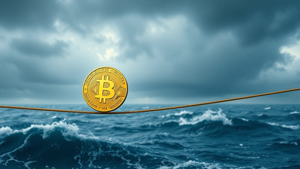 Photorealistic image of a Bitcoin coin balanced on a tightrope suspended over a turbulent ocean with storm clouds above, symbolizing market volatility and crash risk, cryptocurrency concept