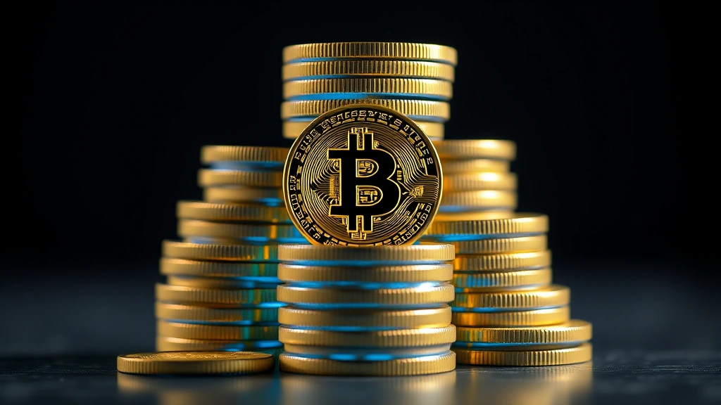 Bitcoin cryptocurrency coins stacked in pyramid formation with glowing blue light, photorealistic macro photography, shallow depth of field, dark gradient background