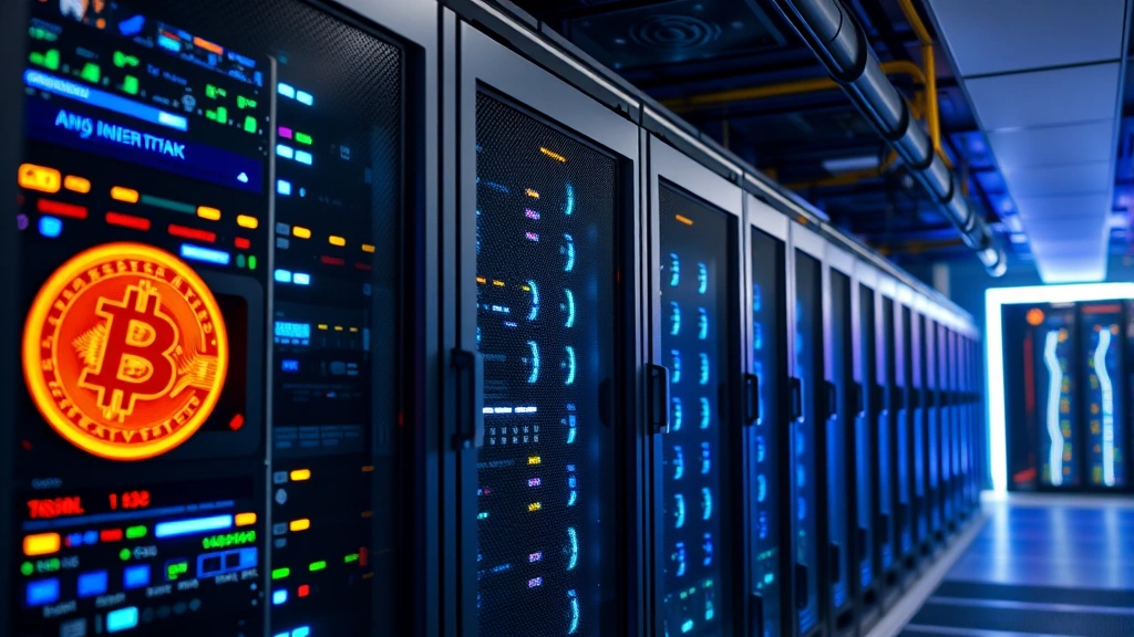 Close-up of cryptocurrency mining operations with illuminated computer servers and cooling systems in a secure data center facility, showing technological infrastructure supporting Bitcoin