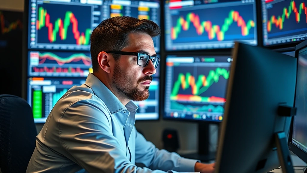 Cryptocurrency trader analyzing multiple data screens showing candlestick charts and market analytics, focused expression, modern trading desk environment with technology displays