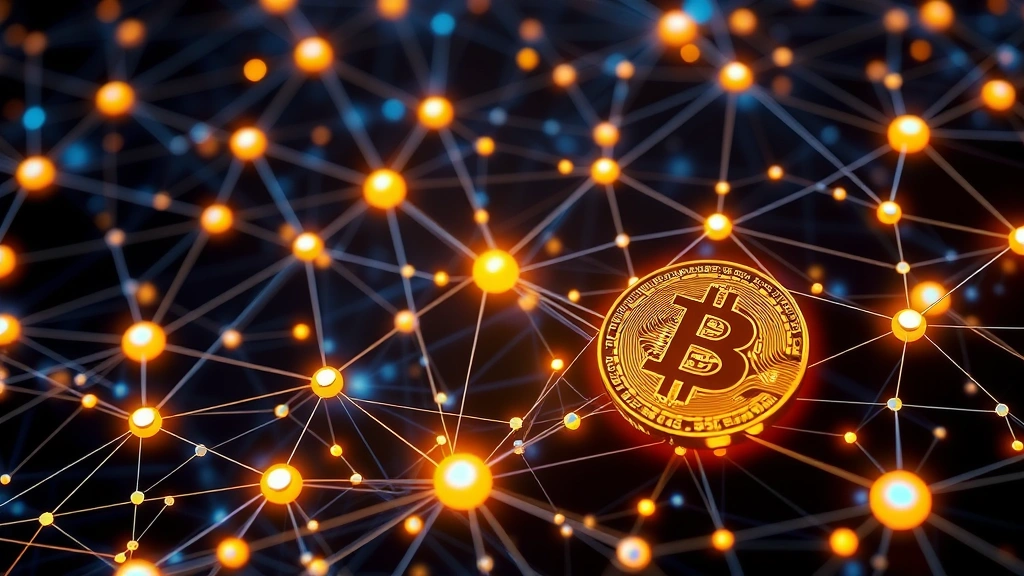 Photorealistic visualization of a blockchain network with interconnected nodes and digital pathways, symbolizing Bitcoin's decentralized infrastructure and security