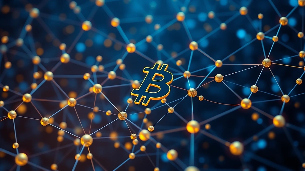 Photorealistic depiction of interconnected blockchain nodes and network connections in blue and gold tones, symbolizing Bitcoin's decentralized network infrastructure and security without displaying any text or code