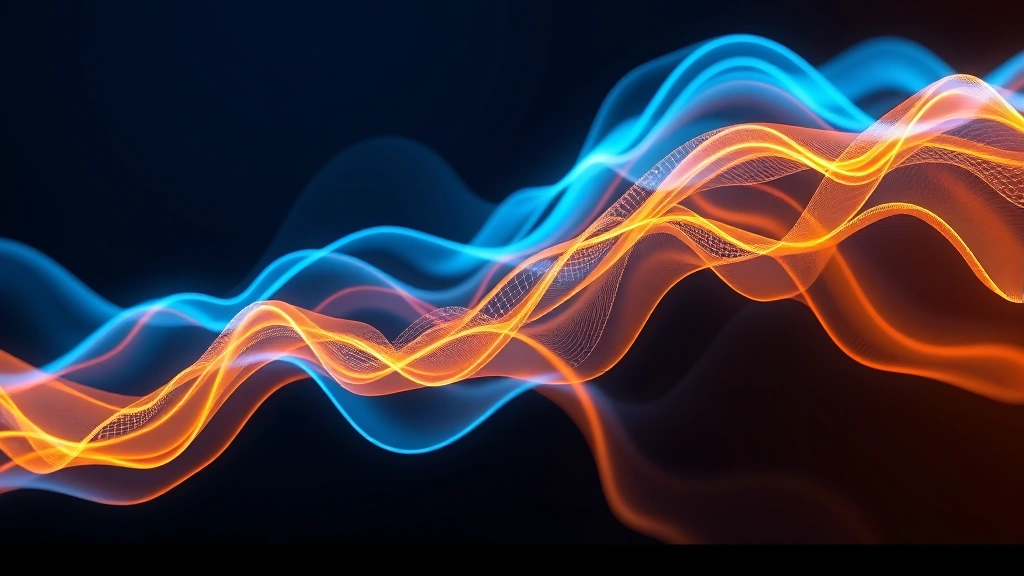Photorealistic visualization of Bitcoin price volatility shown through a flowing, wave-like energy pattern with blue and orange colors, symbolizing market movements without displaying actual charts