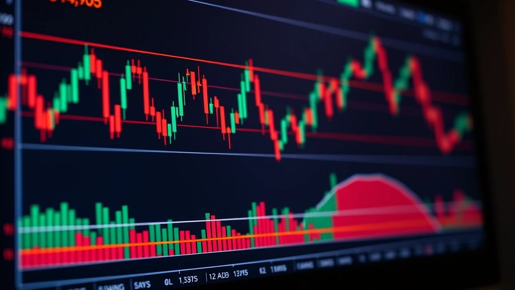 Photorealistic image of a digital trading screen showing candlestick charts and technical analysis patterns, with glowing price levels and support/resistance lines, no visible text or ticker symbols