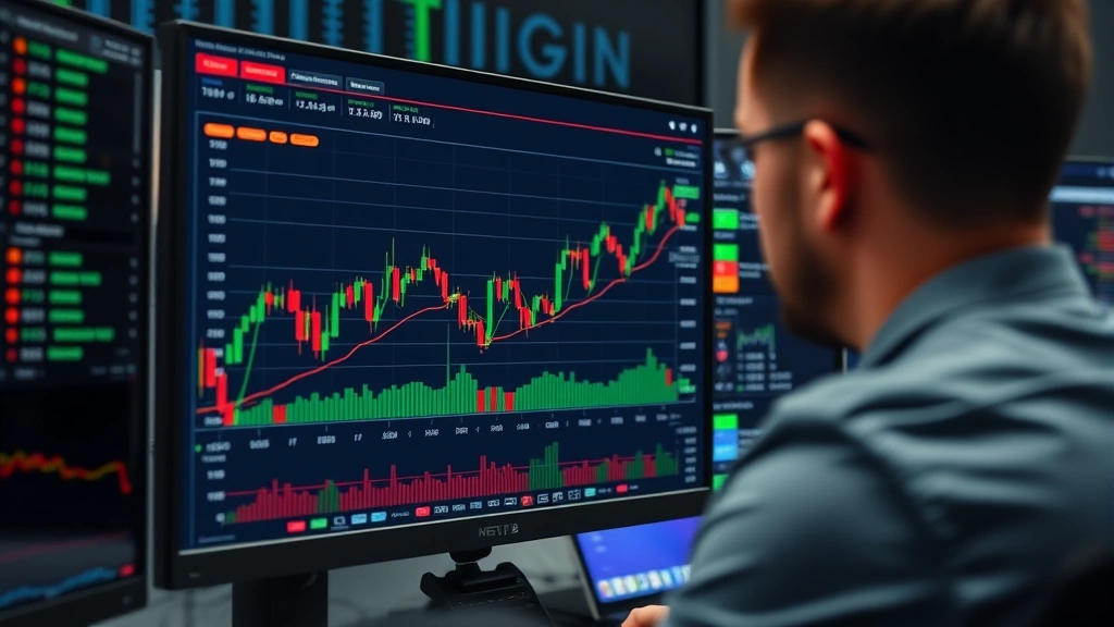 Detailed view of a computer monitor displaying cryptocurrency trading interface with Bitcoin price action, trader analyzing charts with multiple indicators, professional trading desk environment, blurred background with trading screens, no readable tickers or specific price data visible